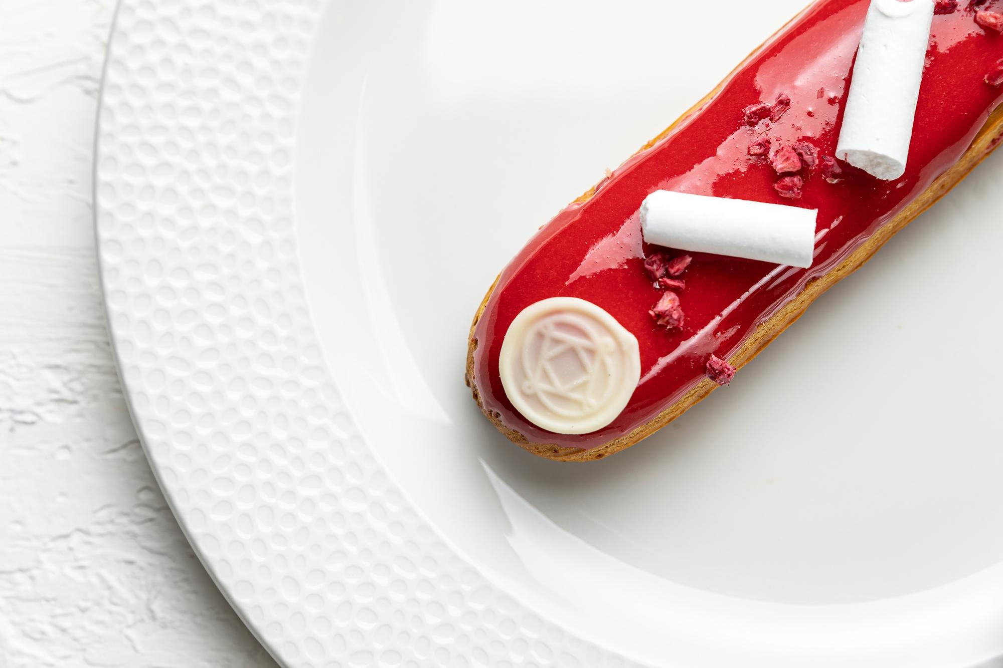 Close-up plated dessert with textured glaze